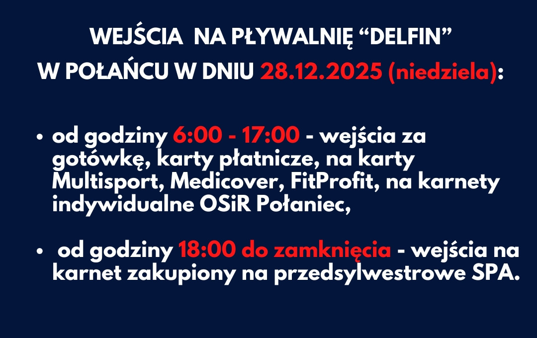 Zdjęcie do Godziny otwarcia Pływalni "Delfin" w dniu 28.12.2025